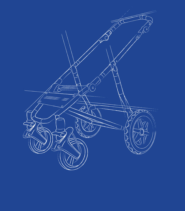 CAD sketch of 4 wheel baby stroller frame and parts excluding fabric set - duet™ and nano duo™ 4 wheel strollers have options for 2 infants/toddlers while nano™ and cosmopolitan™ are single baby/toddler four wheelers - mountain buggy