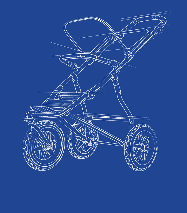 Technical drawing of our 3 wheeled baby buggy showing the full frame without fabric. Design explains wheels, tires, bumper bar, hood frame and footplate - our 3 wheelers are called swift™, urban jungle™, and terrain™ strollers - Mountain Buggy