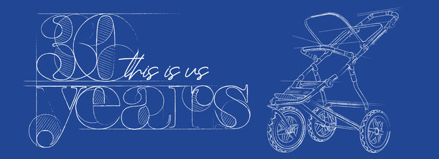 Mountain Buggy celebrates over 30 years of product design of products for babies, toddlers and parents - technical logo sketch with three wheel stroller using a blueprint illustration - thirty years this is us