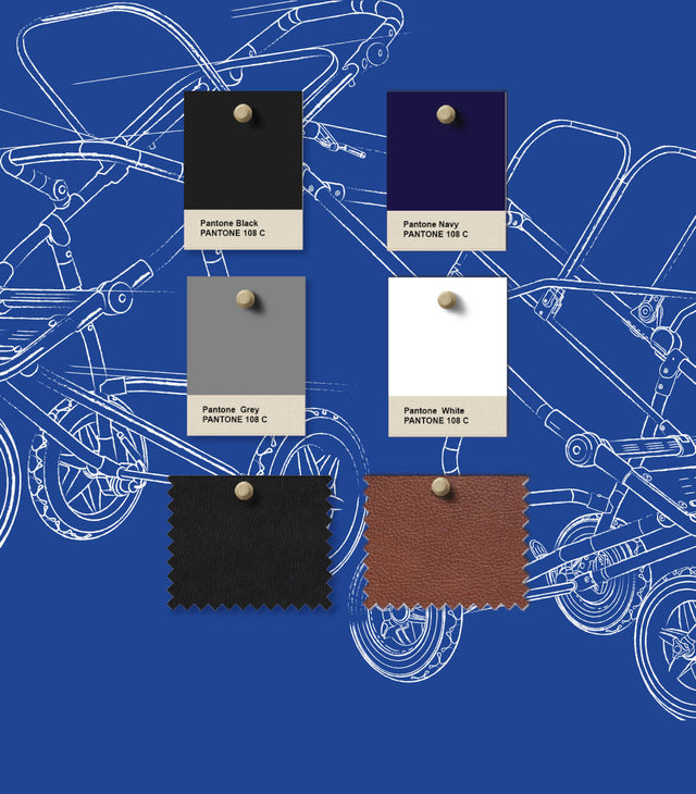 color samples pinned on a blueprint with swatches of leather fabrics designed to adorn our luxury collection single and twin strollers - mountain buggy