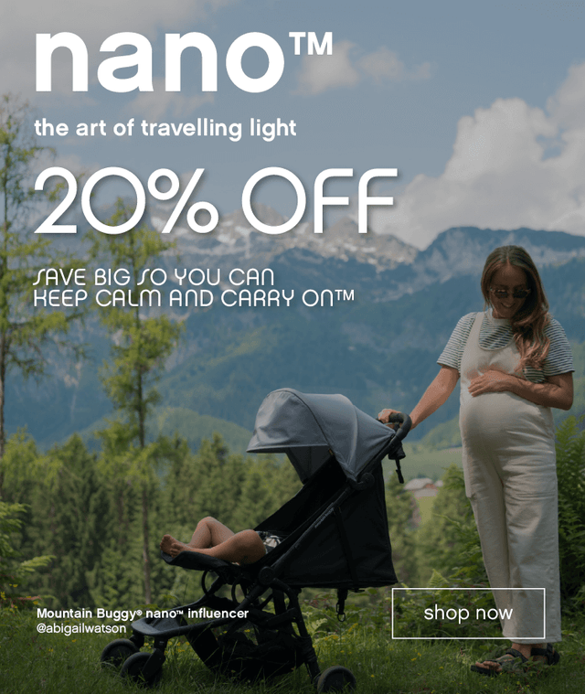 save big on nano travel pram so you can keep calm and carry on™ - pregnant woman with stroller out bush - Mountain Buggy® nano™ influencer @abigailwatson