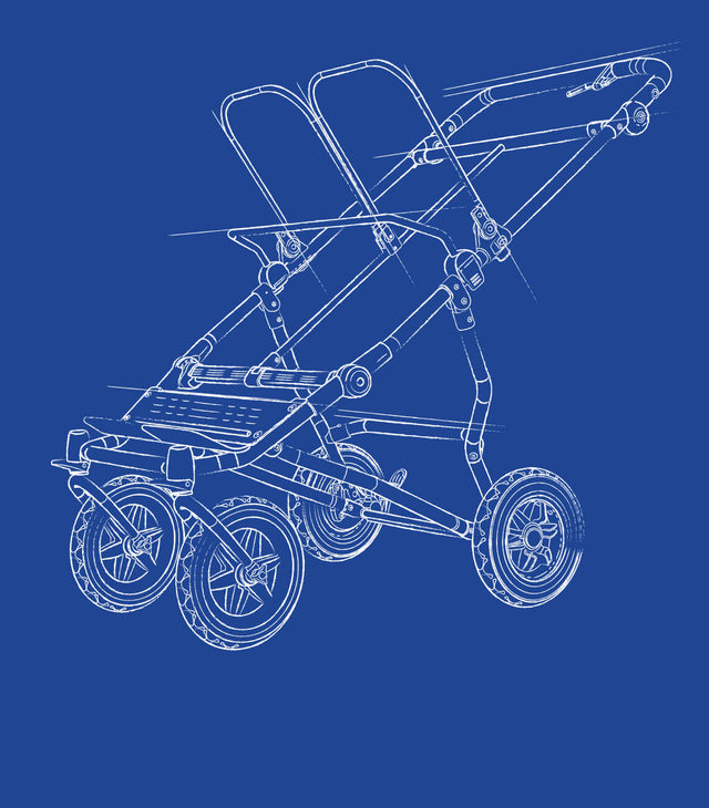 technical blue print sketch of a twin baby stroller created to carry 2 newborn babies or 2 pre school kids  side angle view - mountain buggy 