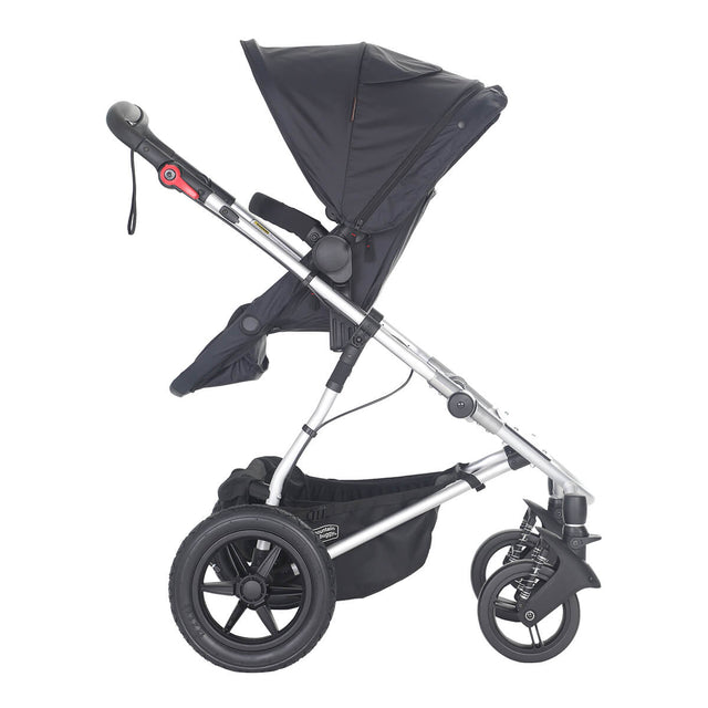 mountain buggy cosmopolitan toddler upright position four with extended sunhood - parent facing side view - mountainbuggy.com - fabric colour_black