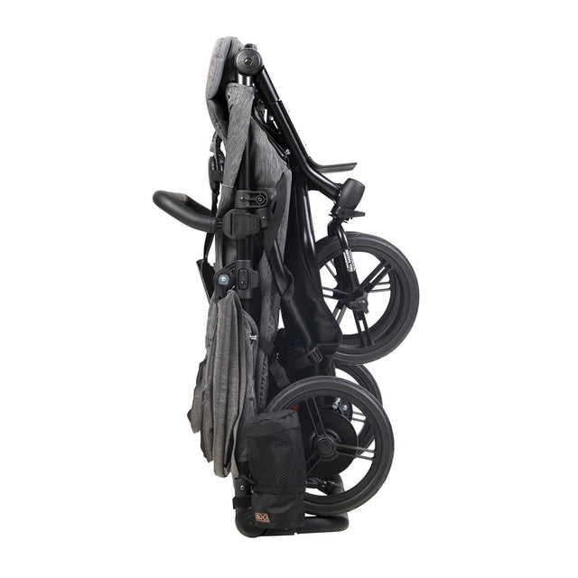 Mountain Buggy luxury duet double stroller in stand fold mode in colour herringbone_herringbone