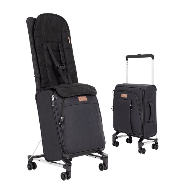 skyrider compact travel suitcase that doubles as a buggy while travelling shown in child mode and cary on luggage mode