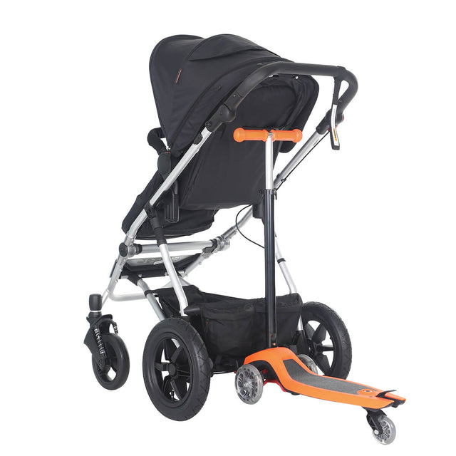 mountain buggy cosmopolitan front facing toddler mode with freerider scooter board accessory attached - front facing 3qtr view - mountainbuggy.com - fabric colour_black