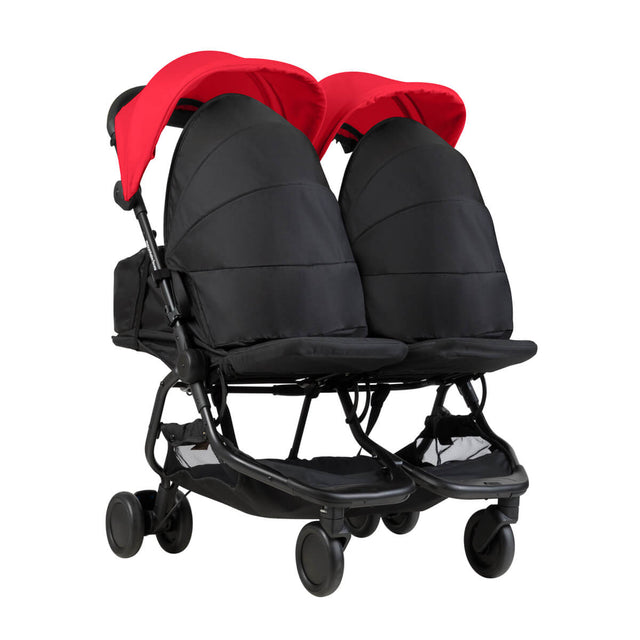 Mountain Buggy nano duo double lightweight buggy fitted with two newborn cocoons in colour ruby_ruby