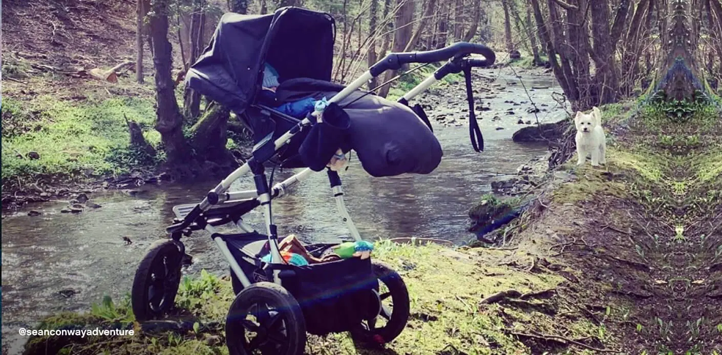 Mountain Buggy urban jungle stroller with bassinet – parent facing position beside woodland stream