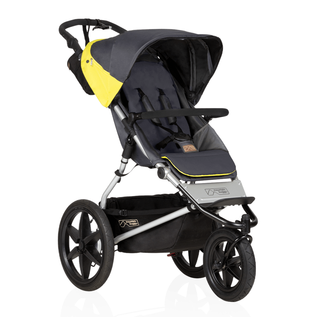 Mountain Buggy terrain stroller in yellow and black solus colour has a reversible black seat liner_solus
