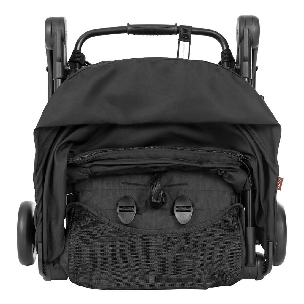 mountain buggy nano travel buggy in colour black showing front view of compact fold_black